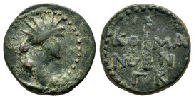 PONTOS. Komana. Pseudo-autonomous. Time of Caligula (37-41). Ae.

Obv : Radiate head of Helios right.

Rev : ς / KO - MA / N - ΩΝ.
Legend in three lin...