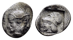 MYSIA.Lampsakos.(Circa 500-450 BC).Obol.

Obv : Janiform female head.

Rev : Head of Athena to left, wearing Corinthian helmet, all within incuse squa...