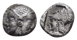 MYSIA.Lampsakos.(Circa 500-450 BC).Obol.

Obv : Janiform female head.

Rev : Head of Athena to left, wearing Corinthian helmet, all within incuse squa...