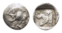 MYSIA. Cyzikos.(Circa 450-400 BC).Hemiobol.

Obv : Forepart of boar left; to right, tunny upward.

Rev : Head of roaring lion left; star to upper left...