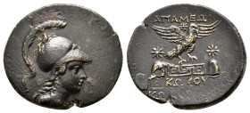 PHRYGIA. Apameia.(Circa 88-40 BC).Ae.

Obv : Helmeted bust of Athena right.

Rev : AΠΑΜΕΩN / KOKOY.
Eagle right, landing on maeander pattern; pil...