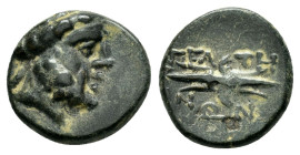 PHRYGIA. Peltai.(Late 2nd-1st centuries BC).Ae.

Obv : Laureate head of Zeus right.

Rev : ΠΕΛΤΗ / ΝΩΝ.
Winged thunderbolt; controls to left.
HGC 7, 7...