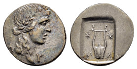 LYCIAN LEAGUE.Masikytes.(48-42 BC).Hemidrachm.

Obv : Laureate head of Apollo to right.

Rev : M A.
Kithara; star in upper left and right fields....