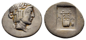 LYCIAN LEAGUE.Masikytes.(Circa 27-20 BC).Hemidrachm.

Obv : Λ - V.
Laureate head of Apollo right.

Rev : M - A.
Lyre; tripod to right; all within incu...