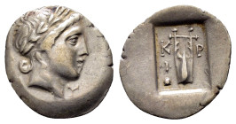 LYCIAN LEAGUE.Masikytes.(Circa 27-20 BC).Hemidrachm.

Obv : Λ - V.
Laureate head of Apollo right.

Rev : M - A.
Lyre; tripod to right; all within incu...