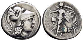 PAMPHYLIA. Side.(Circa 183-175 BC).Tetradrachm.

Obv : Head of Athena left, wearing crested Corinthian helmet.

Rev : KΛ–EY.
Nike advancing left ...