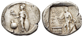 PAMPHYLIA. Side.(Circa 400-380 BC).Stater.

Obv : Athena standing left, holding owl and shield; pomegranate to left, spear to right .

Rev : Apoll...