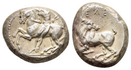 CILICIA. Kelenderis.(Circa 430-420 BC).Stater.

Obv : Youth, holding whip and reins, dismounting from horse rearing left.

Rev : ΚΕΛΕ.
Goat kneel...