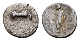 CILICIA. Uncertain.(Circa 4th century).Obol.

Obv : Bull butting right.

Rev : ΛΟ&#67667;.
Figure standing left.

Condition : Good very fine.

Materia...