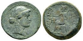 SELEUKID KINGS of SYRIA. Antiochos III ‘the Great’ (222-187 BC).Soloi.Ae.

Obv : Head of Apollo right.

Rev : BAΣIΛEΩΣ ANTIOXOY.
Athena Nikephoros sea...