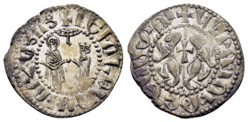ARMENIA. Levon I (1198-1219). Tram. Coronation type.

Obv : The Virgin Mary standing right and Levon kneeling left; above and between them, ray of l...