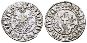 CILICIAN ARMENIA.Levon I.(1198-1219).Sis.Tram.

Obv : Crowned figure of Levon seated on throne ornamented with lions, holding cross and fleur-de-lis, ...