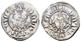 CILICIAN ARMENIA.Levon I.(1198-1219).Sis.Tram.

Obv : Crowned figure of Levon seated on throne ornamented with lions, holding cross and fleur-de-lis, ...