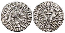 CILICIAN ARMENIA.Levon I.(1198-1219).Sis.Tram.

Obv : Crowned figure of Levon seated on throne ornamented with lions, holding cross and fleur-de-lis, ...
