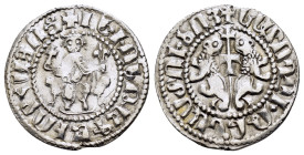 CILICIAN ARMENIA.Levon I.(1198-1219).Sis.Tram.

Obv : Crowned figure of Levon seated on throne ornamented with lions, holding cross and fleur-de-lis, ...