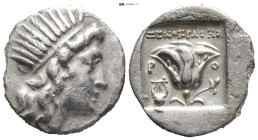 Islands off Caria, Rhodos. AR Plinthophoric Drachm (14mm, 2.0 g). Magistrate Xenokrates, c. 190-170 BC. Obv. Radiate head of Helios to right. Rev. P -...