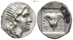 ISLANDS off CARIA, Rhodos. Rhodes. Circa 188-170 BC. AR Drachm (15mm, 2.6 g). Agatharchos, magistrate. Radiate head of Helios right / Rose with bud to...