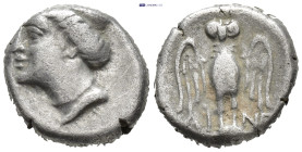 Pontus. Amisos . 400-300 BC. Ar Drachm. (14mm, 3.8 g) Turreted bust of Hera-Tyche right / Owl standing facing, with spread wind, on shield.