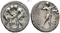 PAMPHYLIA. Aspendus. Ca. 325-250 BC. AR stater (22mm, 10.7 g). Two wrestlers grappling, ΠO between, all in dotted circle / EΣTFEΔIIY, slinger wearing ...