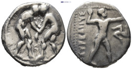 Pamphylia. Aspendos circa 380-325 BC. Stater AR (21mm, 10,7 g) Two wrestlers grappling; KI between / EΣTFEΔIIYΣ, Slinger in throwing stance right. Con...