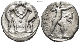 PAMPHYLIA, Aspendos. Circa 380/75-330/25 BC. AR Stater (21mm, 10.5 g). Two wrestlers grappling; ME between / Slinger in throwing stance right; triskel...