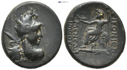 LYCAONIA. Ikonion. Ae (21mm, 6.4 g) (1st century BC). Menedem- Timotheos, magistrate. Obv: Bust of Perseus right, wearing winged helmet and with harpa...