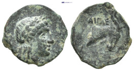 AEOLIS. Aigai. (Circa 4th-3rd centuries BC). Ae. (10mm, 0.8 g) Obv: Laureate head of Apollo right. Rev: AIΓΑΙ. Head of goat right.