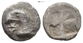 AEOLIS. Kyme.Circa 480-450 BC. AR Obol.(8mm, 0.38 g) Eagle's head left / Quadripartite incuse square.