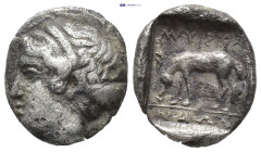 Aeolis, Myrina. AR Diobol, (9mm, 1.0 g). 4th century BC. Obv.: Head of nymph left, hair in sakkos. Rev.: MYPI-NAΩN, Stag grazing left; within incuse s...