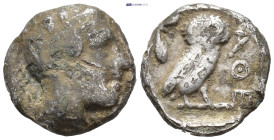 ATTICA, Athens. Circa 406/5 BC. Fourrée Drachma (14 mm, 3g). Emergency issue. Helmeted head of Athena right, eyes front / Owl standing right, head tur...