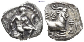 CYPRUS, Salamis. Evagoras I. 411-374 BC. AR Tetrobol (12mm, 3.0 g). Herakles seated right on rock draped with lion's skin, leaning on club and holding...