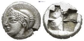 IONIA, Phokaia. Circa 625/0-522 BC. AR Obol (1.1 Gr. 9mm.) 
Female head left.
Rev. Quadripartite incuse square.