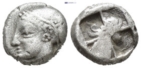 IONIA, Phokaia. Circa 625/0-522 BC. AR Obol (1.3 Gr. 8mm.) 
Female head left.
Rev. Quadripartite incuse square.