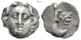 Pisidia, Etenna AR Obol. Circa 3rd century BC. (0.57 Gr. 9mm.)
Facing gorgoneion 
Rev. Pruning hook, vine leaf to left.