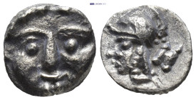 Pisidia, Selge. civic issue. Ca. 350-300 B.C. AR obol (10mm, 0.8 g). Facing Gorgoneion / Head of Athena left wearing crested Corinthian style helmet, ...