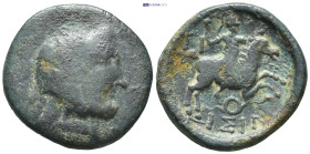 Pisidia. Isinda 100-0 BC. Bronze Æ (20mm, 5.3 g) Laureate head of Zeus right / IΣIN, warrior with spear on horse riding to right; serpent below.