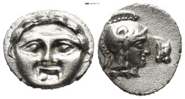 Pisidia. Selge circa 350-300 BC. Obol AR (9mm, 0.97 g) Facing gorgoneion / Head of Athena to right, wearing crested Attic helmet; before, astragalos.