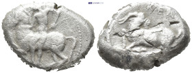 Cilicia, Celenderis Stater circa 430-420, AR (10.3 Gr. 17mm.)
Rider left, holding whip and dismounting from horse; below horse. 
Rev. Goat crouching l...