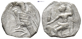 Cilicia, Uncertain, AR Obol, (12mm, 0.49 g), 4th century BC. Obv: Baaltars seated left, holding grain ear, grapes and sceptre. Rev: Eagle standing rig...