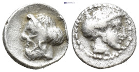 Uncertain mint in Cilicia AR Obo 4th century BC, (0.72 Gr. 9mm.)
Bearded head of Pan left.
Rev. Head of youthful Dionysus.