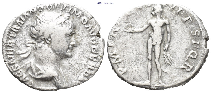 Trajan (AD 98-117). AR Denarius (2.8 Gr. 17mm.). Rome, 
Laureate, draped bust of...