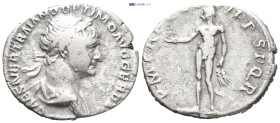 Trajan (AD 98-117). AR Denarius (2.8 Gr. 17mm.). Rome, 
Laureate, draped bust of Trajan right, seen from behind 
Rev. Genius standing facing, head lef...