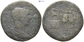 Trajan Æ Sestertius. (32mm, 20.0 g) Rome, AD 114-116. IMP CAES NER TRAIANO OPTIMO AVG GER DAC P M TR P COS VI P P, laureate and draped bust right / Tr...