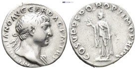 Trajan, 98-117. Denarius (17mm, 3.1 g), Rome, 107-8. IMP TRAIANO AVG GER DAC P M TR P Laureate head of Trajan to right, drapery on left shoulder Rev. ...