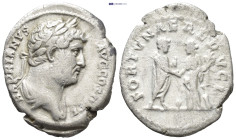 Hadrian (AD 117-138). AR denarius (3 Gr. 16mm.). Rome
 Laureate, draped bust Hadrian right.
 Rev. Hadrian standing facing (on left), head right, volum...