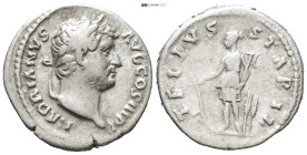 Hadrian, AD 117-138. AR, Denarius.(17mm, 3.2 g). Rome. Obv: HADRIANVS AVG COS III P P. Head of Hadrian, laureate, right. Rev: TELLVS STABIL. Tellus st...