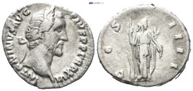 ANTONINUS PIUS (138-161). Denarius. Rome. (2.6 Gr. 17mm.)
Laureate head right. 
Rev. Fortuna standing facing, head right, holding rudder on globe and ...