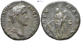 Antoninus Pius. AD 138-161. Æ As (26mm, 10.0 g). Rome mint. Struck AD 140-144. Laureate head right / Fortuna standing left, holding rudder and cornuco...