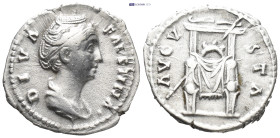 Diva Faustina AD 140-141. Rome AR Denar(17.8mm, 3.2 g). Draped bust right Rev. Throne, on which is a wreath, with a sceptre in front.