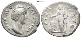 Diva Faustina, died AD 140/1. AR, Denarius. Rome. (3.1 Gr. 18mm.)
Bust of Faustina I, draped, right, hair elaborately waved in several loops round hea...